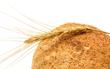 Wheat and bread on a white background