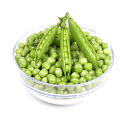 fresh green peas in a bowl  isolated on a white background