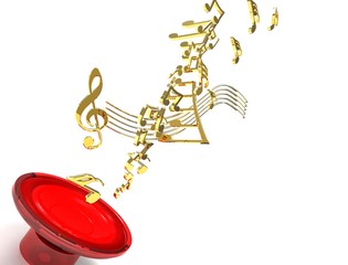 red loudspeaker that emits golden note of music