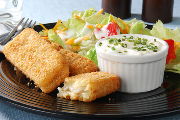Closeup of fish sticks with salad