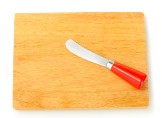 Cutting board with knife for cheese isolated on white close-up