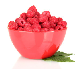 Fresh raspberries in colorful bowl isolated on white
