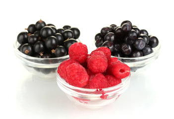Fresh berries in transparent bowls isolated on white