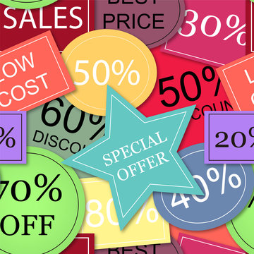 Seamless vector with colorful tags of price discounts and offers