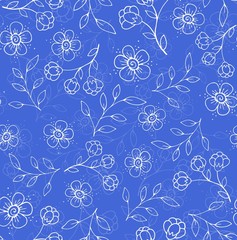 Seamless blue floral pattern with delicate flowers and twigs. Suitable as a background for websites, cards, book covers, print for wrapping paper, tablecloth, dresses, blouses, scarves, bed sheets...