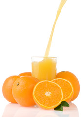 flowing juice and orange isolated on white