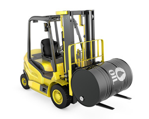 Yellow fork lift lifts oil barrel