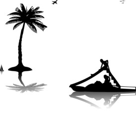 Family on pedal boat  in sea near the palm trees silhouette