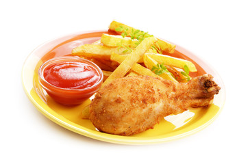 Fried drumstick with french fries