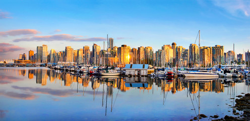 Vancouver skyline panorama at sunset as seen from Stanley Park