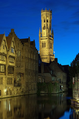Evening view of Belfort tower in Bruges, Belgium