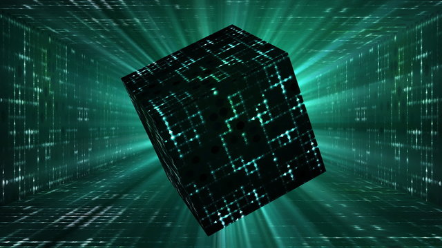 Animated space cube rotating in sci-fi corridor