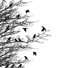 Birds in the tree and flying on retro style background
