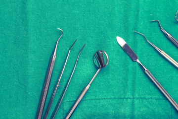 Set of metal medical equipment tools for teeth dental care