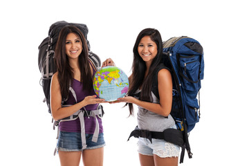 Young backpackers with globe
