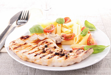 grilled meat with pasta