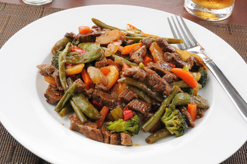 Beef stir fry on rice