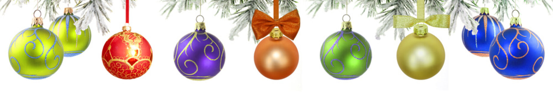 Christmas banner with green tree and baubles isolated