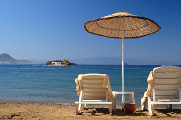 Travel destination. Sea view from the beach.