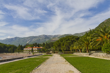 Beautiful park next Sveti Stefan - islet and Luxury hotel resort