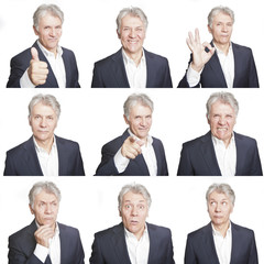 mature man face expressions composite isolated on white backgrou