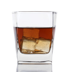 glass of whiskey and ice isolated on white