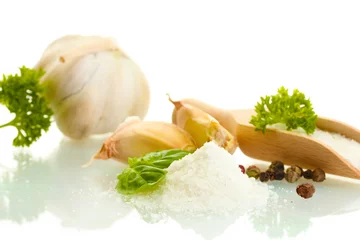 Keuken foto achterwand salt with fresh basiland parsley, garlic and pepper isolated © Africa Studio