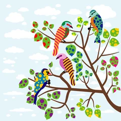 Cercles muraux Oiseaux, abeilles oiseaux abstraits sur arbre