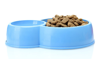 Fototapeta na wymiar dry dog food and water in blue bowl isolated on white