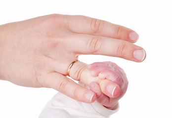 baby's and mother fingers isolated on a white background