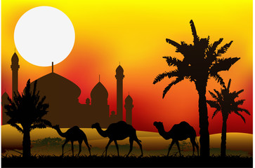 camel trip with mosque background