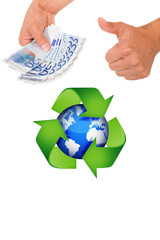 hands holding some euro bills doing thumb up with the symbol of
