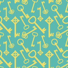 Yellow keys on blue, seamless pattern