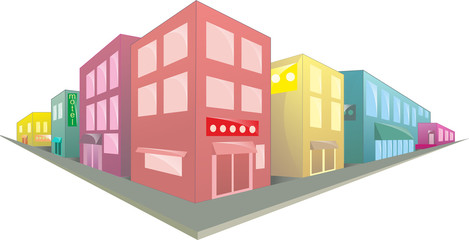 Isometric street of several buildings.
