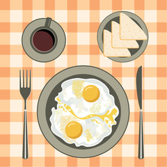 Fried eggs in a plate, coffee and bread