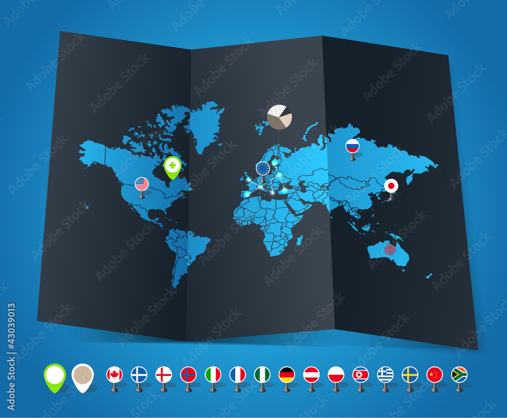 Aufkleber world map on old map and flags of different countries and symbol