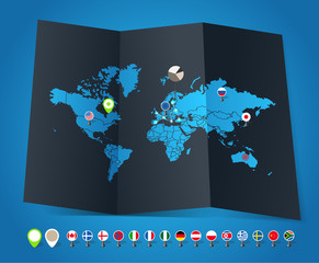 Obraz premium World map on old map and flags of different countries and symbol