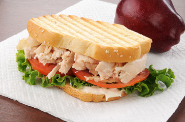 Grilled chicken sandwich with an apple