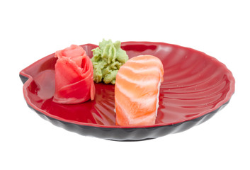 studio shoot of japanese sushi vaki with salmon on white backgro