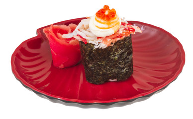 sushi kani with sauced slices of crab shrimp isolated on white b