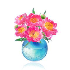 Peony Flowers Bouquet in Vase isolated on white background