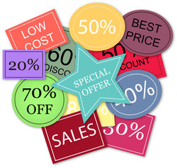 Background with colorful discount tags over white