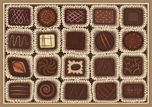 Vector illustration of assortment of chocolates in a box