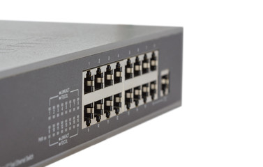 Network switch front panel with 16 ports and uplink port