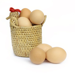 Eggs in hen basket on a white background