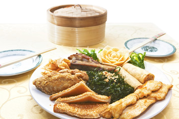 Close-up of plate with assorted chinese meal