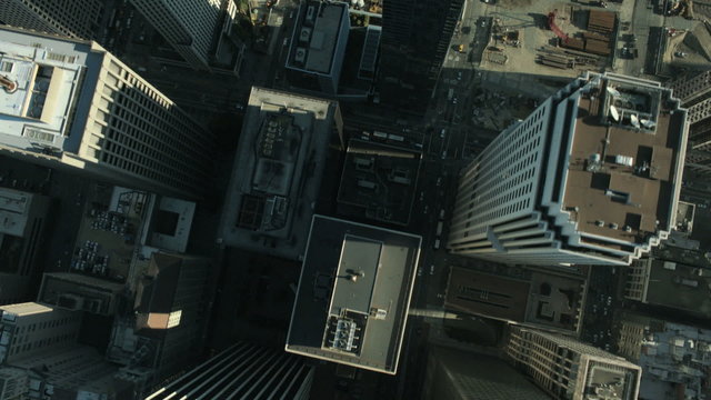 Aerial vertical view of rooftop skyscrapers, USA