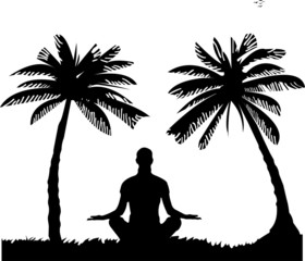 A girl meditating and doing yoga exercise between the palms