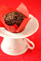 Vegan chocolate muffin on a white saucer