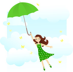 Cheerful girl flying on green umbrella